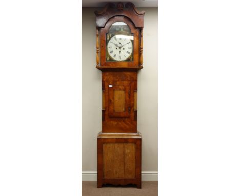 19th century oak and mahogany longcase clock 30 hour movement, painted enamel dial with church scenes, indistinctly signed, H