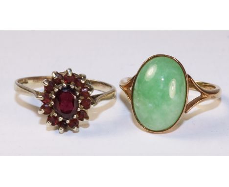 Hallmarked 9ct gold Jade ring and a silver garnet cluster ring   Condition Report   Click here for further images, condition,