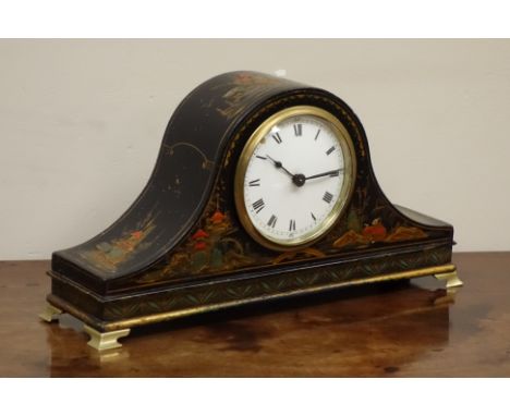 Early 20th century black lacquered chinoiserie mantle clock with raised and gilt decoration with French movement, W30cm