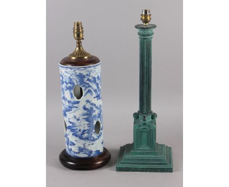 A Chinese blue and white cylinder vase with pierced and landscape decoration (now converted as a table lamp) and a green pati