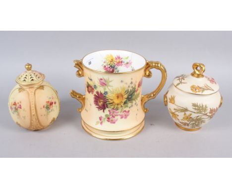 A Royal Worcester blush ivory pot and cover with ring handles, 6" high, a similar pot pourri vase and cover, and a two-handle