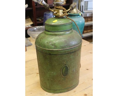 A 19th century green painted tea canister, now converted to a table lamp, 24" high 