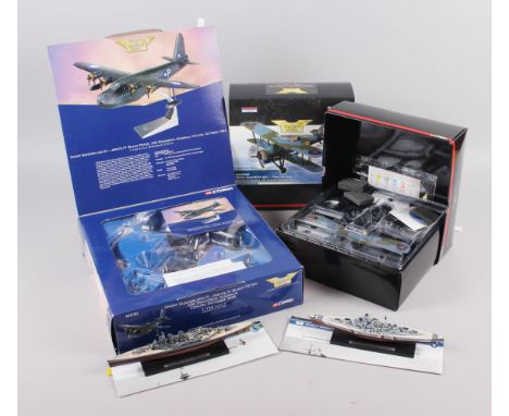 A Corgi Aviation Archive Fairey Swordfish Mark I, a companion Short Sunderland III and two scale models, HMS Hood and Bismark