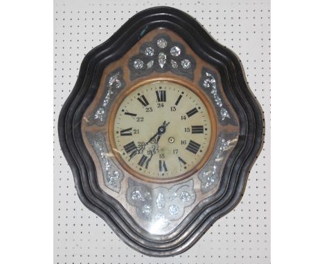 A French ebonised shaped case wall clock with mother-of-pearl inlaid dial, 24" high 