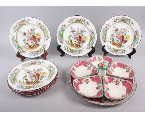A set of nine Copeland Spode dessert plates, transfer decorated pheasants in a flowering bush, Waring &amp; Gillows back stam