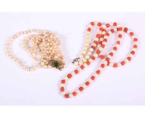 A pearl three-strand necklace with yellow metal clasp and a coral and "pearl" single strand necklace 