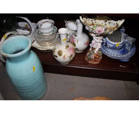 A 19th century blue and white hot water dish (restored), a turquoise glazed vase, a pair of Continental floral decorated vase