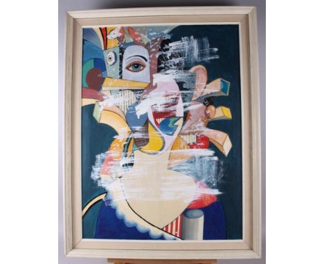A modern oil, abstract portrait, 24" x 18", in cream frame