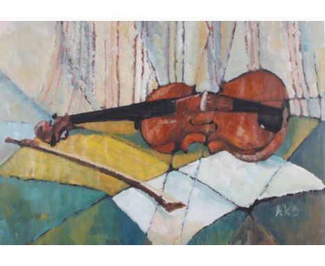 A K D: bodycolours, study of a violin, 21" x 15", in gilt frame, Jan Fisher: watercolours, woodland country lane, 9" x 14", a