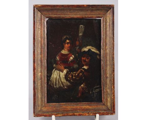 After Rembrandt: oil on copper, "The Prodigal Son", self portrait with Saskia, 4 1/2" x 3", in gilt frame 