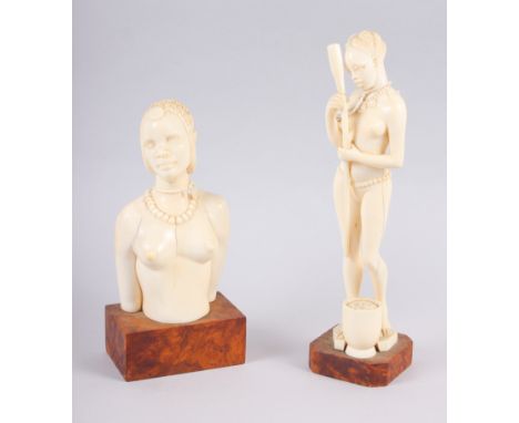 A 1930s carved ivory portrait bust of a Maasai woman, 6" high, on hardwood base, and a companion figure of a woman pounding g