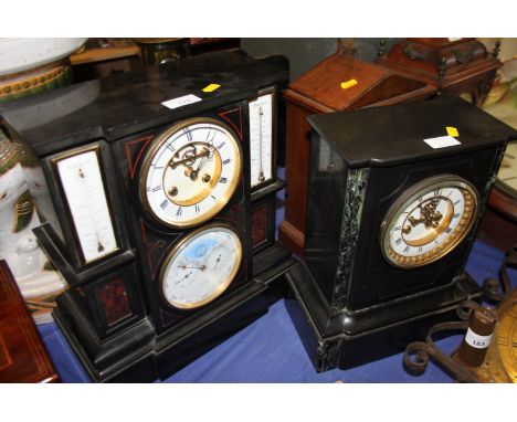 A black slate desk clock with temperature gauge and calendar face, 15" high, and another slate mantel clock, 13" high Conditi