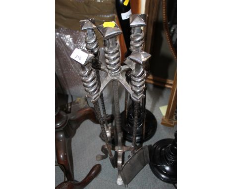 A set of steel fire irons and a black metal and mesh firescreen, 31" wide Condition:  H 32".  Age - probably 15-20 years old