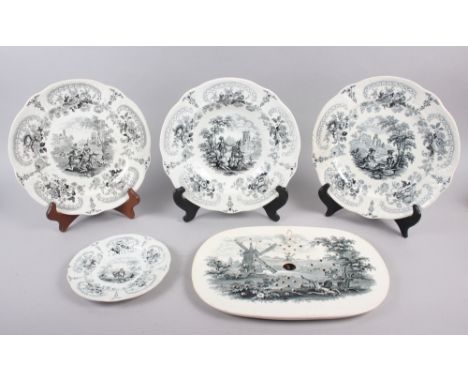 A 19th century Brameld pottery soup plate, Don Quixote pattern transfer printed in black, a matching dish drainer, two matchi