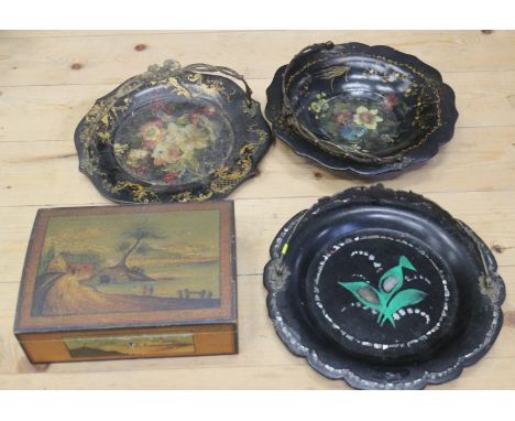 Three 19th century papier-mache and floral decorated cake baskets with brass ring handles, 10" dia, and a landscape decorated