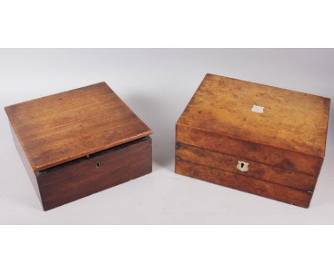 A burr walnut writing box, inset mother-of-pearl, 12" wide, and an oak two-compartment box, 10" wide 
