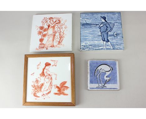Two Mintons tiles decorated with classical figurers on glazed white ground, one framed, 15.2cm, together with a Wedgwood Mont