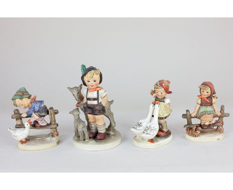 Four Goebel Hummel porcelain figures, Little Goat Herder, Barnyard Hero, Just Resting and Goose Girl, tallest 13.5cm