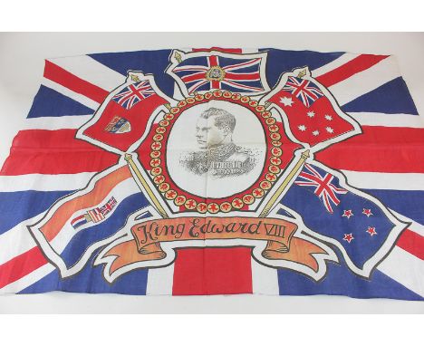 An Edward VII Royal Commemorative tea towel, printed with portrait of Edward with Union flag, 87cm