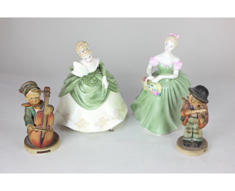 Two Royal Doulton porcelain figures of ladies dressed in green, comprising Clarissa, 19.5cm, and Soiree, 19cm, together with 