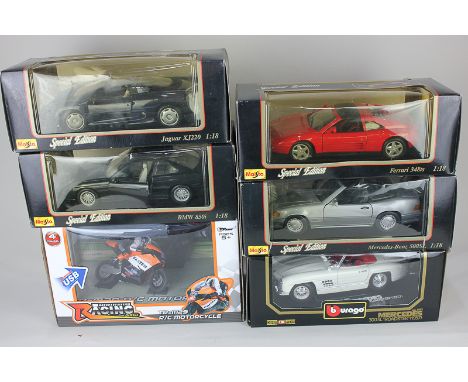 Five Burago die cast model sports cars, 1:18 scale, to include a special edition Ferrari 348ts and BMW 850, all boxed togethe