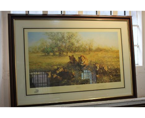 After David Shepherd, lion, lioness and cubs, 'First Light at Savuti', limited edition colour print 245/1500, numbered and si
