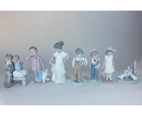 Six Nao figures of children, one with a teddy bear, another with a football, together with a group of geese, tallest 22cm hig