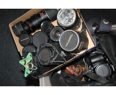 A collection of camera lenses, Hanimex Auto f=300mm, Tamron for Pentax II, three Canon Zoom and others, together with various