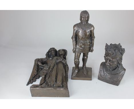 A Marcus Designs bronzed composition figure of a knight, 34cm high, a wall plaque of a Medieval couple, signed D.H. Morton, 3