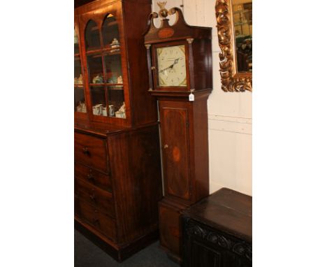 A George III inlaid oak longcase clock with 11 inch square painted dial marked Hulbert, Marshfield, with calendar aperture, s