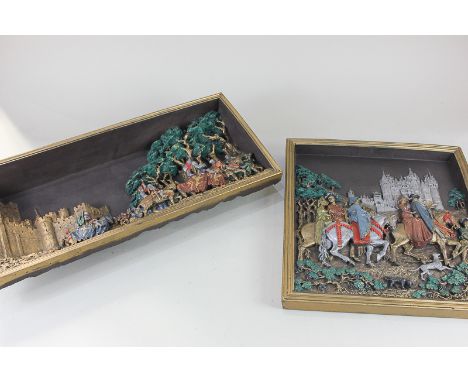 A Marcus Designs wall plaque of a medieval falconry party on horseback, 36cm by 34cm, and another in deep relief of a castle 