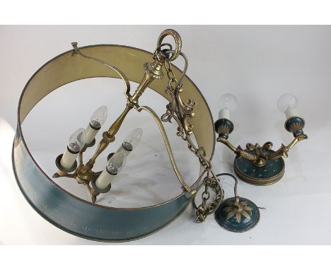 A Regency style large brass ceiling pendant light fitting, with four branch light holder and circular green and gilt painted 