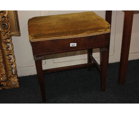 A rectangular adjustable piano stool on square tapered legs (one turning handle missing), 53cm