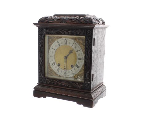 German dark oak ting-tang bracket clock, the Lenzkirch movement striking on two gongs, the 5.5" silvered chapter ring enclosi