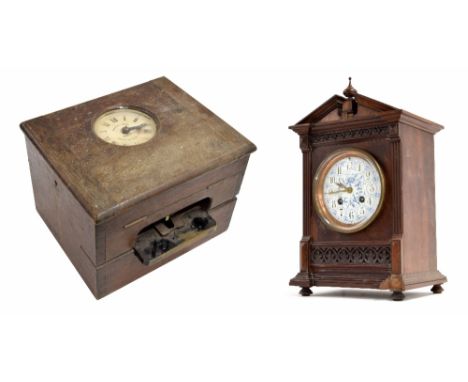 French Arts &amp; Crafts style walnut two train mantel clock striking on a gong, 12.5" high (pendulum and key); also a Gledhi