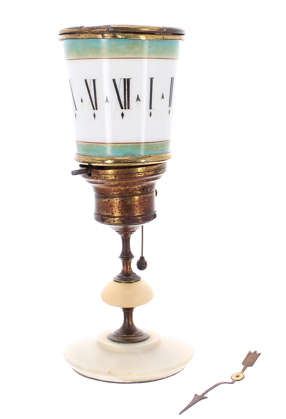 Antique candle clock, the opaque milk glass revolving shade with Roman