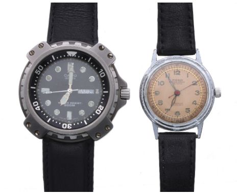 Casio Quartz 200m diver's titanium gentleman's wristwatch, ref. MD-703, leather strap, 47mm (at fault); also with a Pierce Wa