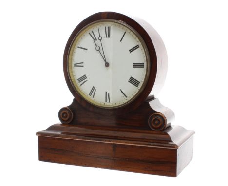 French rosewood drumhead mantel clock, with 4.5" white dial and V.A.P escapement, balance wheel mounted separately on back pl