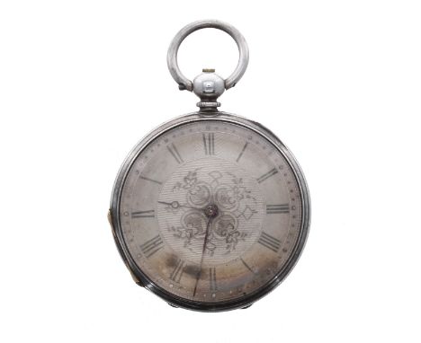 Continental white metal cylinder fob watch, three-quarter plate movement with gilt three arm balance and regulator, the engra