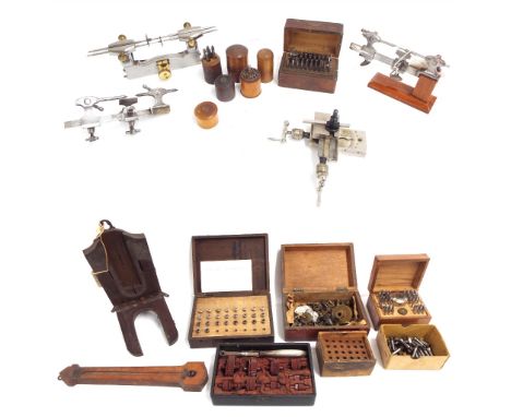 Chrome and brass depthing tool and a small selection of other uncased horological tools; also a selection of small cased stak