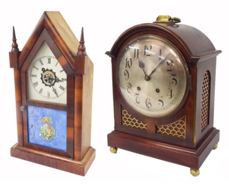 German mahogany ting-tang mantel clock, the W &amp; H movement striking on two gongs, the 8" silvered dial within a panelled 