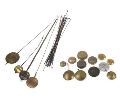 Various longcase clock pendulums, pendulum rods and bells