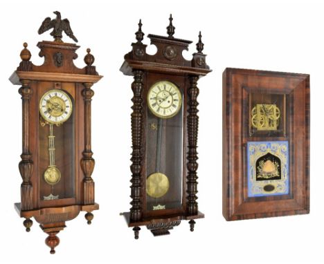 Stained wooden double weight Vienna regulator wall clock, the 7" cream dial with subsidiary seconds dial, within a turned gla