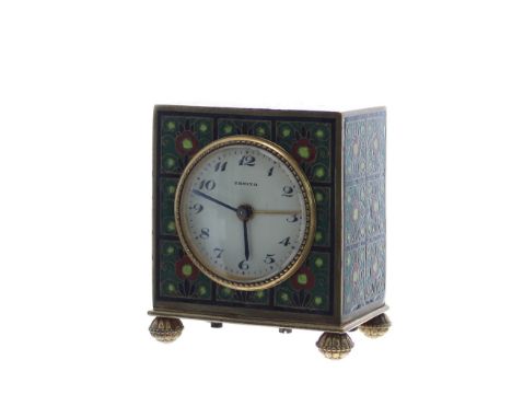 Miniature Zenith alarm clock timepiece, within a cloisonne floral square decorated case, inscribed to the base Metal Dore no.
