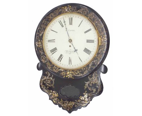 Papier maché single fusee 12" drop dial wall clock signed W. Latch, Newport, within a mother of pearl foliate inlaid case fit