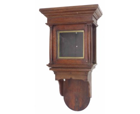Antique oak hooded wall clock case with aperture for a 7" square dial, surmounted by a moulded stepped pediment, 31" high ove