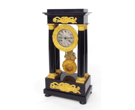 Ebonised two train portico mantel clock, the movement with outside countwheel and striking on a bell, the 3.5" silvered dial 