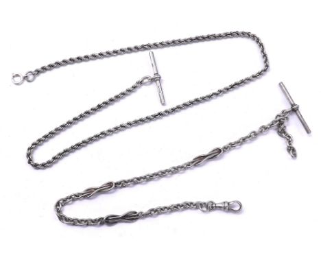 Silver watch Albert chain with T-bar and clasp; together with a further watch chain with silver T-bar and end ring (chain not