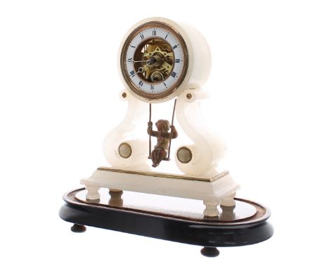 French white onyx mantel clock timepiece with seated cherub swinging pendulum, the 3.25" white chapter ring enclosing a skele
