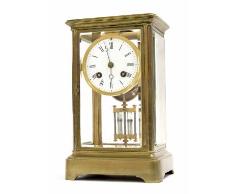 French brass four glass two train mantel clock striking on a bell, the 3" white dial within a bevelled glazed stepped case, 9